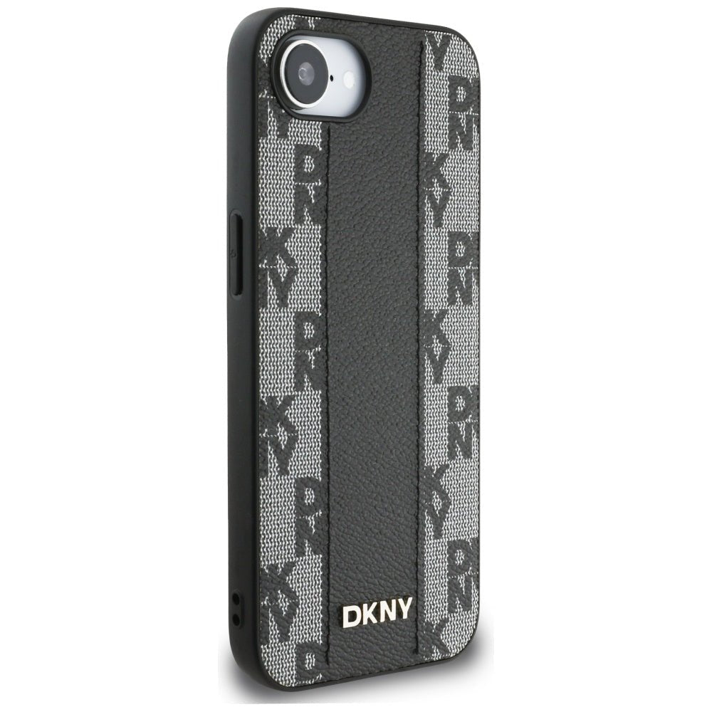 DKNY iPhone 16e - Leather Checkered Mono Pattern MagSafe Σκληρή Θήκη με Επένδυση Συνθετικού Δέρματος - Black
