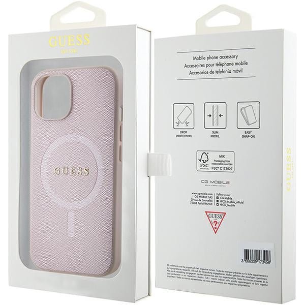 Guess iPhone 15 Plus Saffiano MagSafe Σκληρή Θήκη με Πλαίσιο Σιλικόνης και MagSafe - Pink - GUHMP15MPSAHMCP