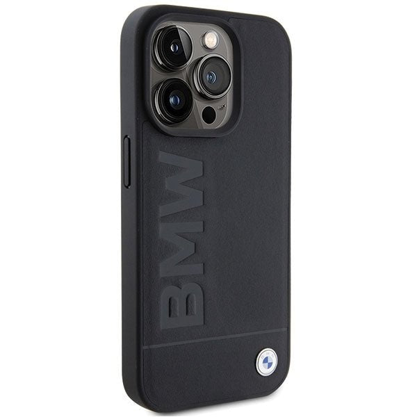 BMW iPhone 15 Pro Leather Hot Stamp Σκληρή Θήκη με Επένδυση Γνήσιου Δέρματος και Πλαίσιο Σιλικόνης - Black