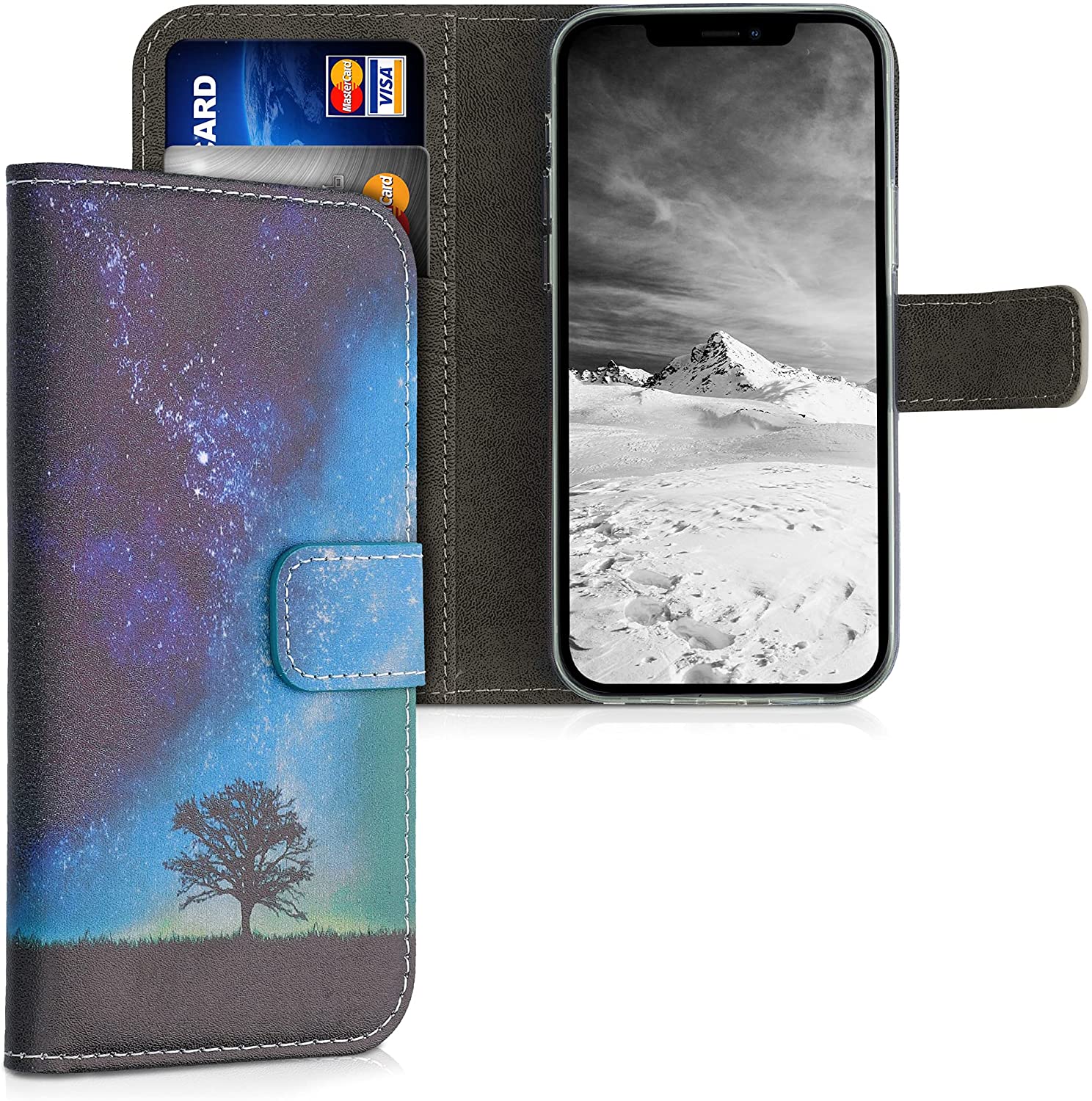 KW iPhone 12 / iPhone 12 Pro Θήκη Πορτοφόλι Stand - Design Cosmic Nature - Blue / Grey / Black - 55803.02