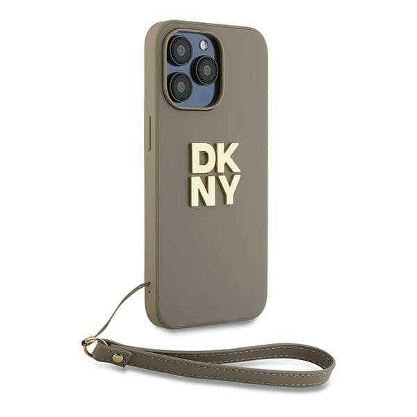 DKNY iPhone 15 Pro Max - Wrist Strap Stock Logo - Σκληρή Θήκη με Επένδυση Συνθετικού Δέρματος και Λουράκι - Beige