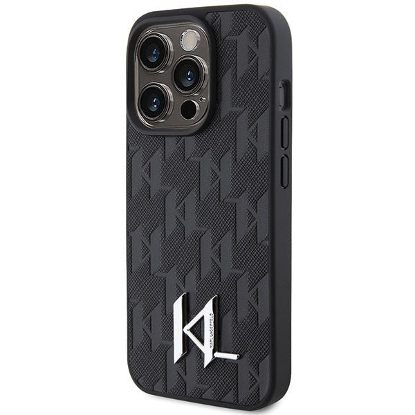 Karl Lagerfeld iPhone 15 Pro Max - Leather Monogram Hot Stamp Metal Logo Σκληρή Θήκη με Επένδυση Συνθετικού Δέρματος και Πλαίσιο Σιλικόνης - Black - KLHCP15XPKLPKLK