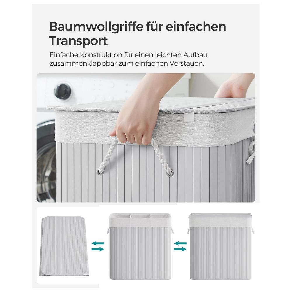 Songmics Καλάθι Απλύτων από Μπαμπού με 3 Διαμερίσματα - 150L - Grey - LCB091G01