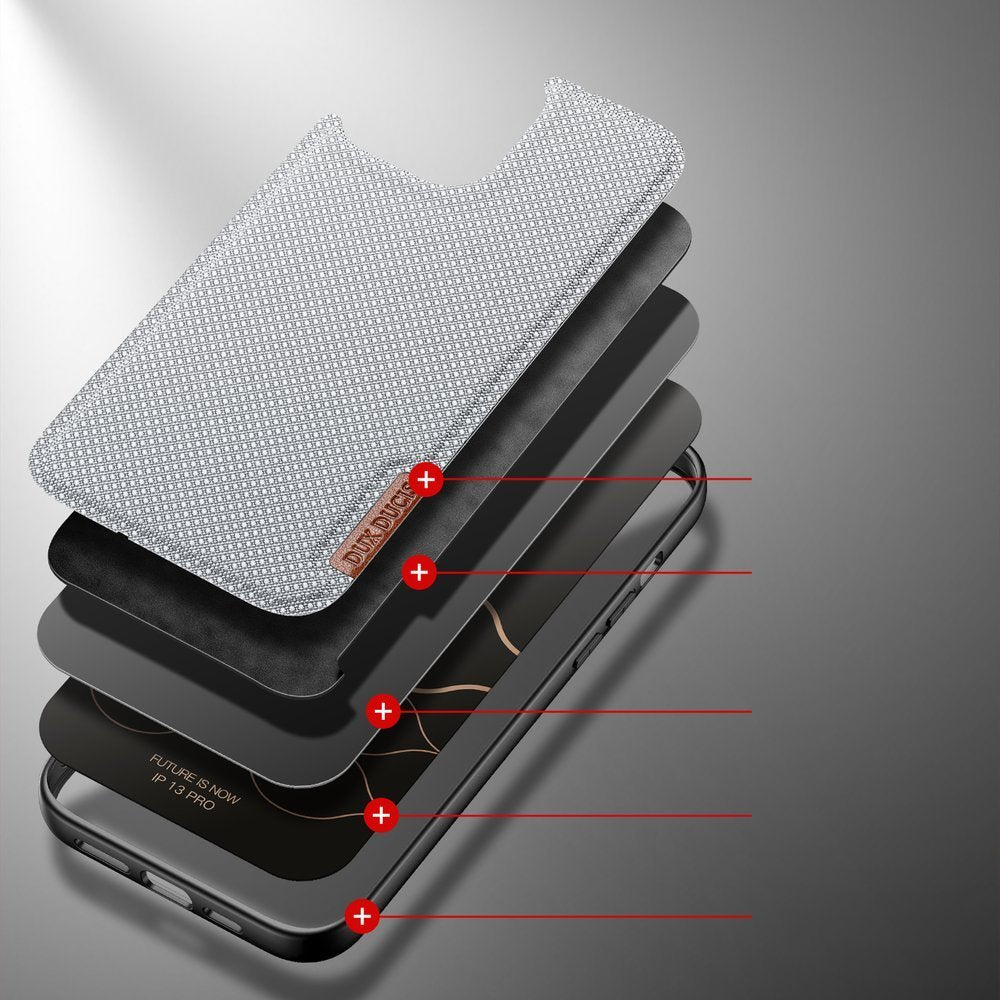 Dux Ducis iPhone 13 Pro Fino Series Σκληρή Θήκη με Πλαίσιο Σιλικόνης και Επένδυση από Ύφασμα - Grey