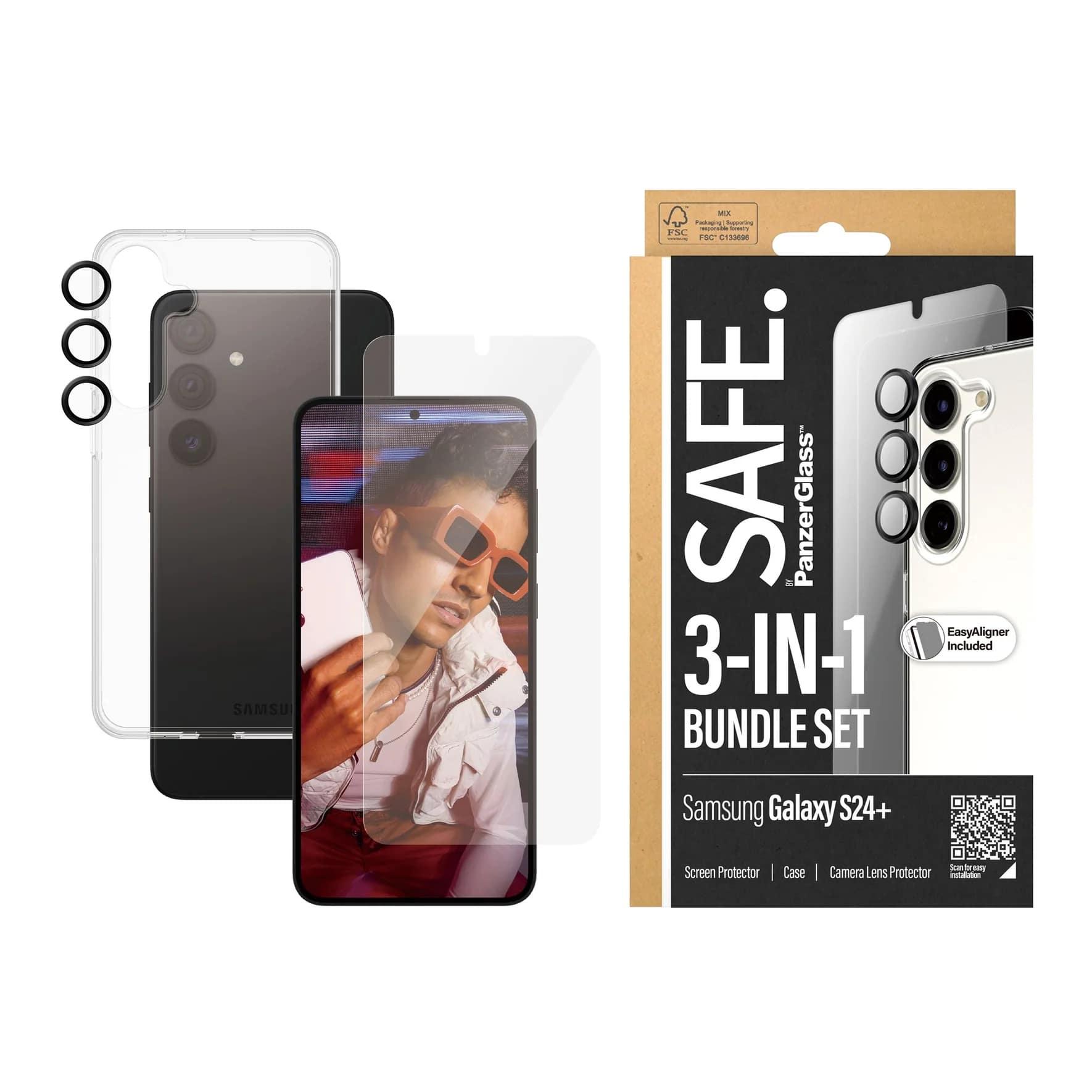 Safe by PanzerGlass Samsung Galaxy S24+ - 3 - in - 1 Bundle Set - Σετ με 1 Αντιχαρακτικό Γυαλί Οθόνης, 1 Αντιχαρακτικό Γυαλί για την Κάμερα και 1 Θήκη Σιλικόνης - Clear