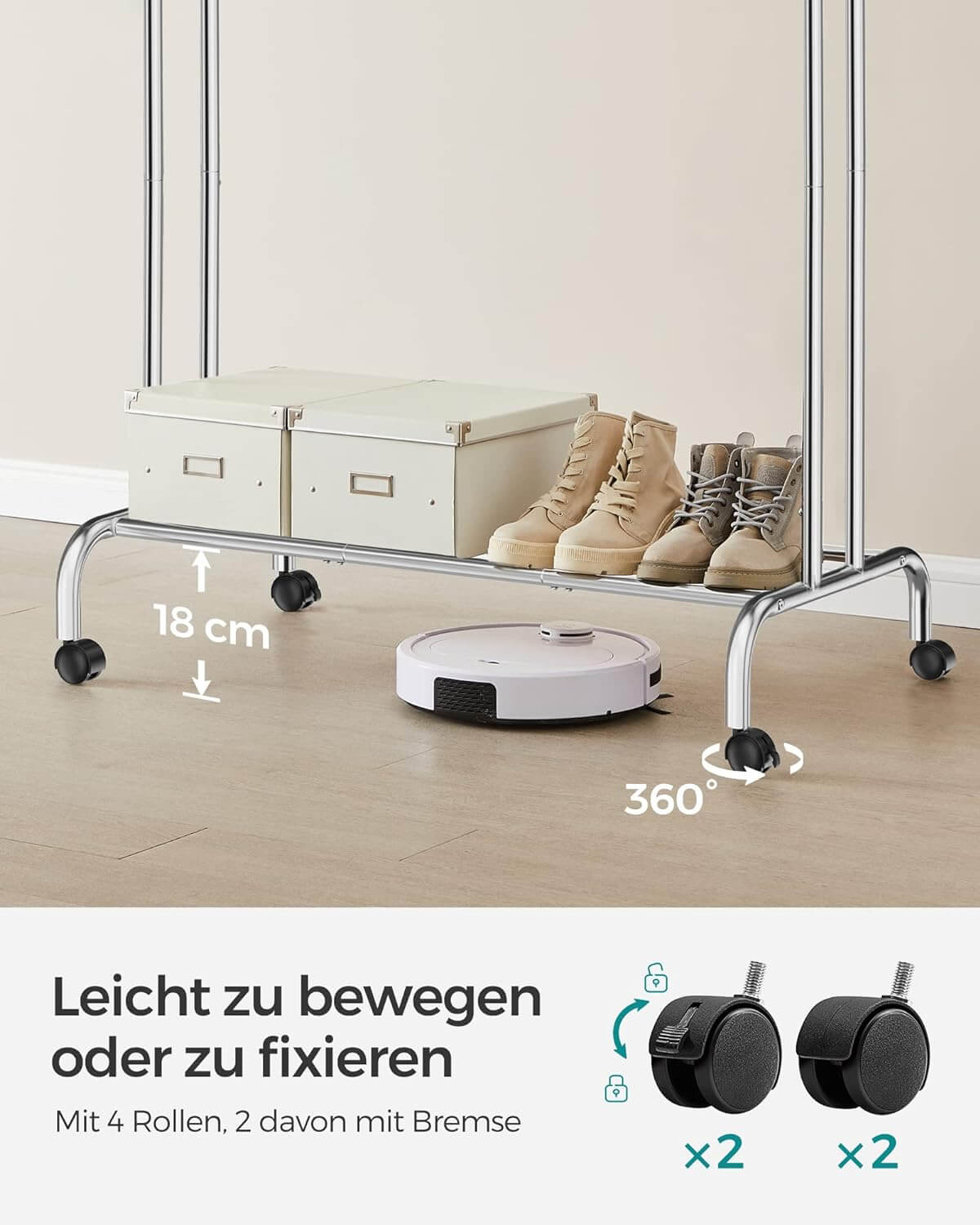 Songmics Τροχήλατη Κρεμάστρα Pούχων με 2 Pάγες και Ράφι - Ράγα Ρούχων - 52.5 x 103.5 x 155 cm - Silver - HSR107E01V2