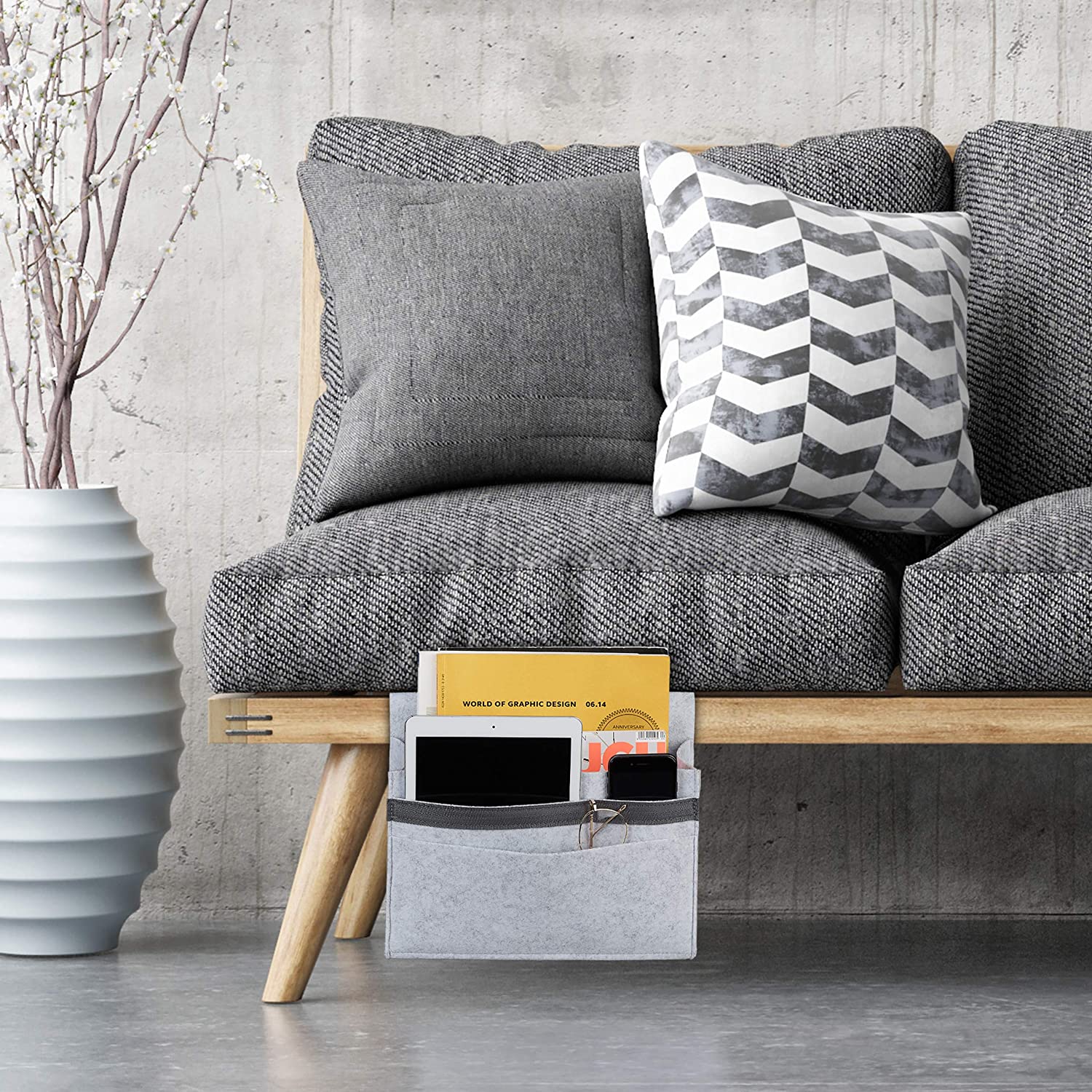 Relaxdays Bed Pocket Τσέπη Organiser Κρεβατιού με Πιάστρα Velcro - Light Grey - 4052025898328