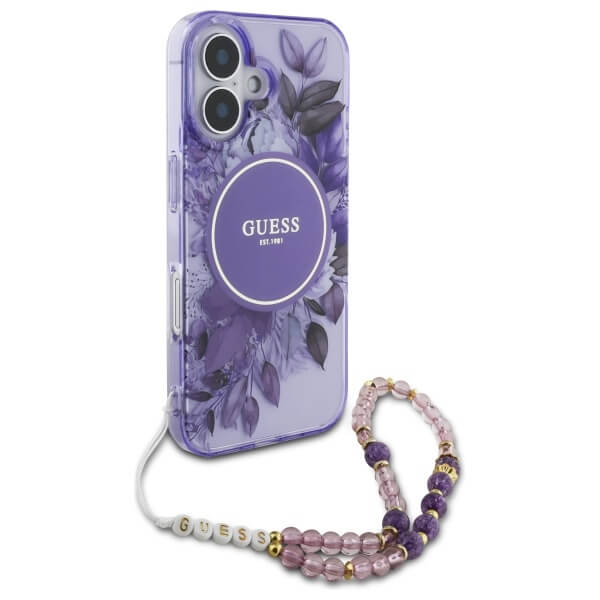 Guess iPhone 16 Plus - IML Flowers With Pearl Strap MagSafe - Σκληρή Θήκη με Πλαίσιο Σιλικόνης και Λουράκι - Purple - GUHMP16MHFWBRCESU