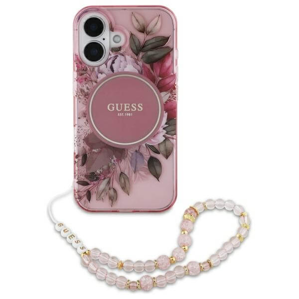 Guess iPhone 16 - IML Flowers With Pearl Strap MagSafe - Σκληρή Θήκη με Πλαίσιο Σιλικόνης και Λουράκι - Pink - GUHMP16SHFWBRCESP