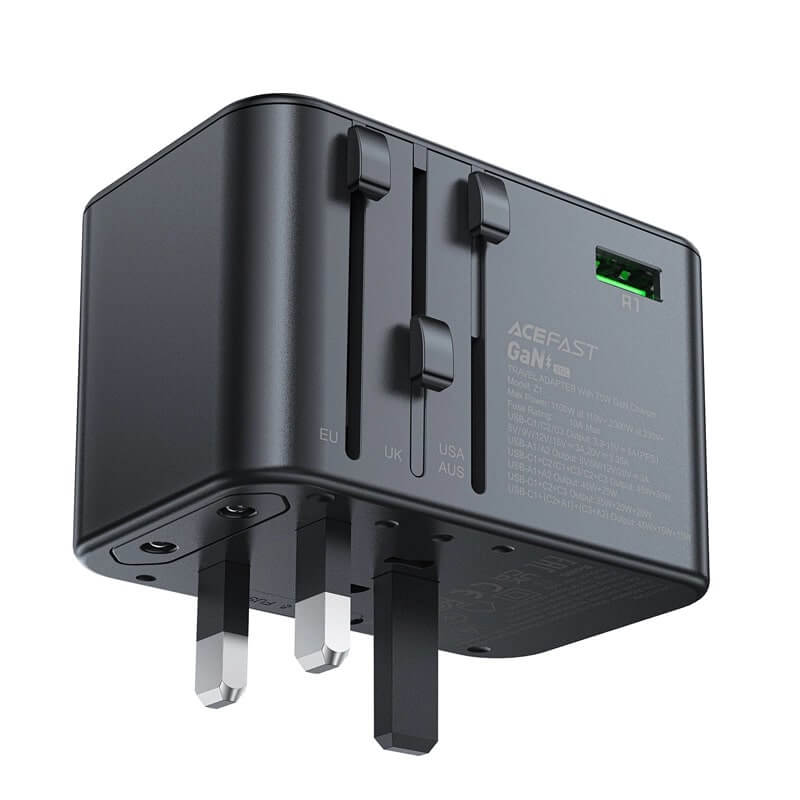 Acefast Z1 GaN 75W PD Φορτιστής Ταξιδίου με Ενσωματωμένα Βύσματα EU / UK / US / AUS με 3 Θύρες Type - C και 2 Θύρες USB - Black