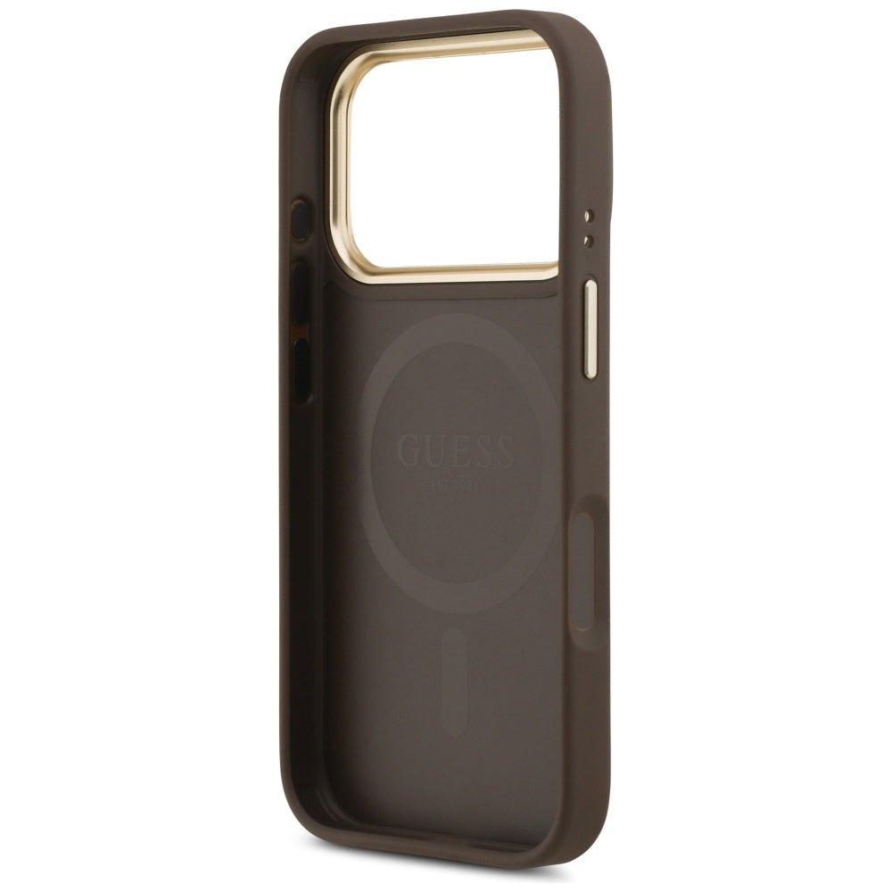 Guess iPhone 17 Pro - Peony Hot Stamp MagSafe - Σκληρή Θήκη με Επένδυση Συνθετικού Δέρματος - Brown - GUHMP17LPSAMSECW
