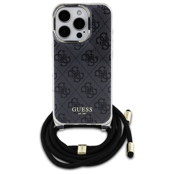 Guess iPhone 16 Pro - Crossbody Cord 4G Print - Σκληρή Θήκη με Πλαίσιο Σιλικόνης και Λουράκι - Black - GUHCP16LHC4SEK