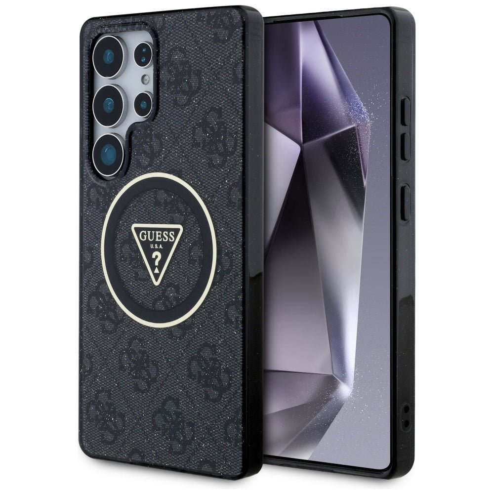 Guess Samsung Galaxy S25 Ultra - 4G Glitter Triangle Buttons - MagSafe Σκληρή Θήκη με Πλαίσιο Σιλικόνης - Black - GUHMS25LHG4PRTGK