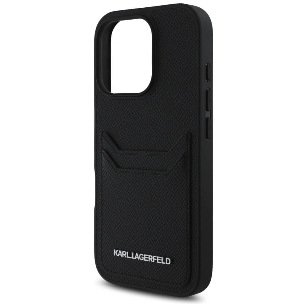 Karl Lagerfeld iPhone 16 Pro - HC Grained PU Cardslot Metal Elong - Σκληρή Θήκη με Επένδυση Συνθετικού Δέρματος και Υποδοχή για Κάρτες - Black - KLHCP16LPKHPORPK