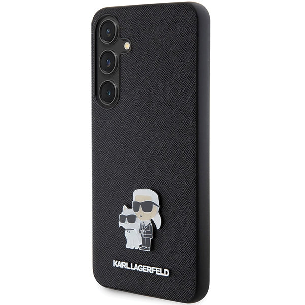 Karl Lagerfeld Samsung Galaxy S24+ - Saffiano Karl and Choupette Metal Pin Σκληρή Θήκη με Επένδυση Συνθετικού Δέρματος και Πλαίσιο Σιλικόνης - Black - KLHCS24MPSAKCMPK