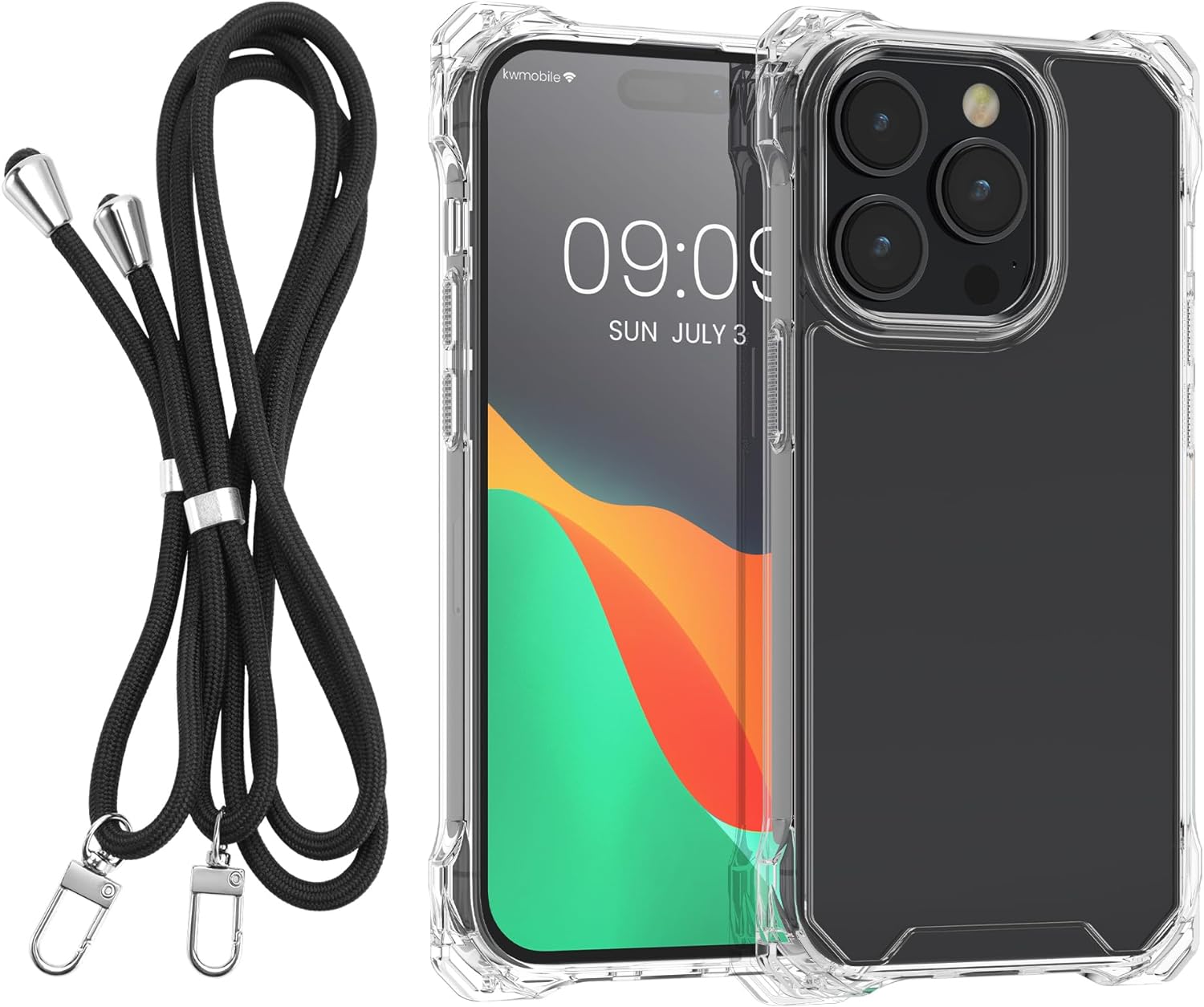 KW iPhone 15 Pro Max Σκληρή Θήκη με Πλαίσιο Σιλικόνης και Λουράκι - Διάφανη / Black - 62040.01