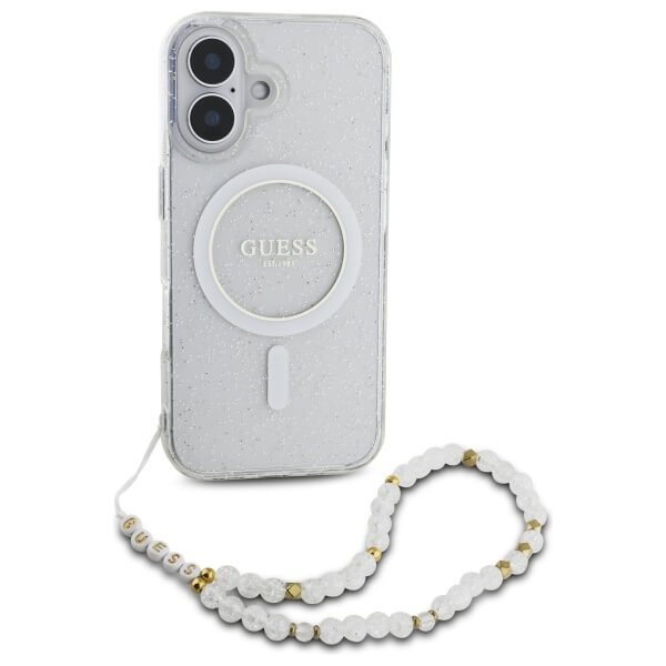 Guess iPhone 16 Plus - IML Glitter With Pearl Strap - MagSafe Σκληρή Θήκη με Πλαίσιο Σιλικόνης και Λουράκι - Διάφανη - GUHMP16MHGCRELST