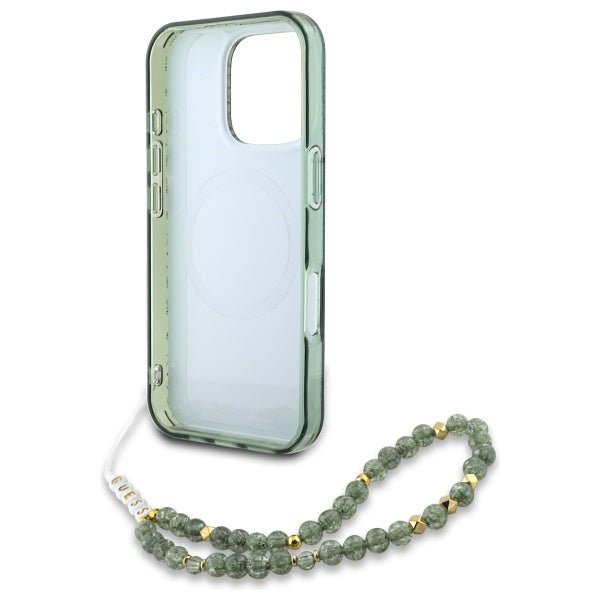 Guess iPhone 16 Pro Max - IML Flowers Allover Electro With Pearl Strap MagSafe - Σκληρή Θήκη με Πλαίσιο Σιλικόνης και Λουράκι - Green - GUHMP16XHCPOFPA