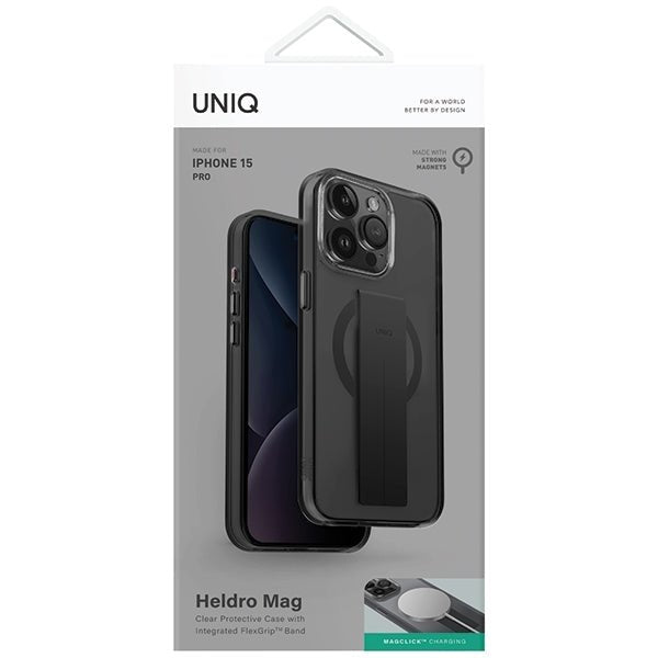 Uniq iPhone 15 Pro Heldro Mag Σκληρή Θήκη με Πλαίσιο Σιλικόνης με Finger Holder και MagSafe - Black / Vapor Smoke