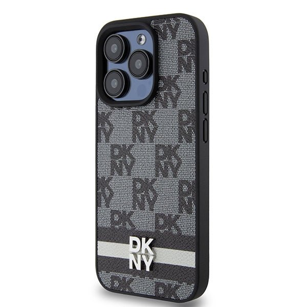 DKNY iPhone 15 Pro Max - Leather Checkered Mono Pattern and Printed Stripes - Σκληρή Θήκη με Επένδυση Συνθετικού Δέρματος - Black