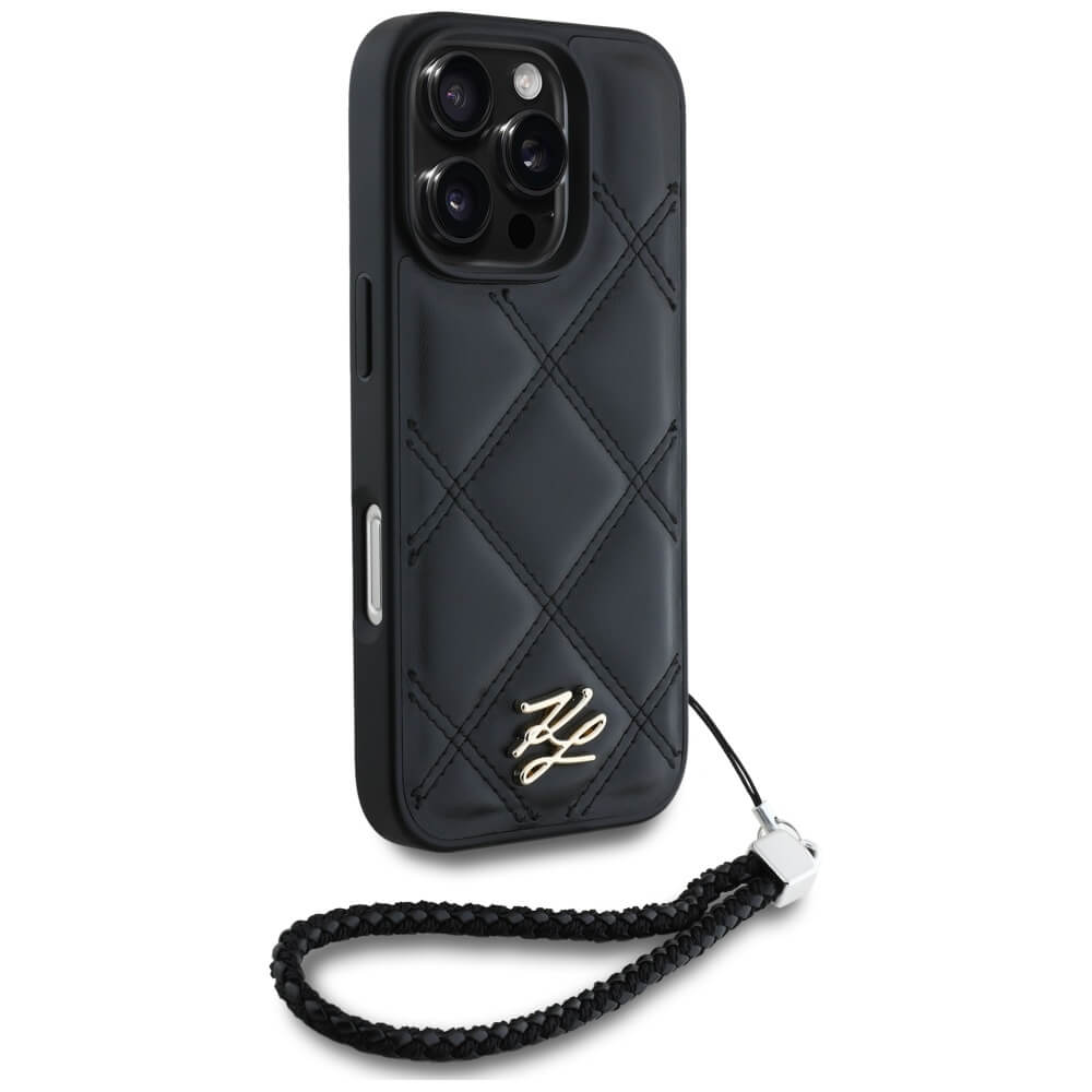 Karl Lagerfeld iPhone 16 Pro Max - Quilted Initial Logo and Chain Strap - Θήκη με Επένδυση Συνθετικού Δέρματος και Λουράκι - Black - KLHCP16XPSQSKLSMSK
