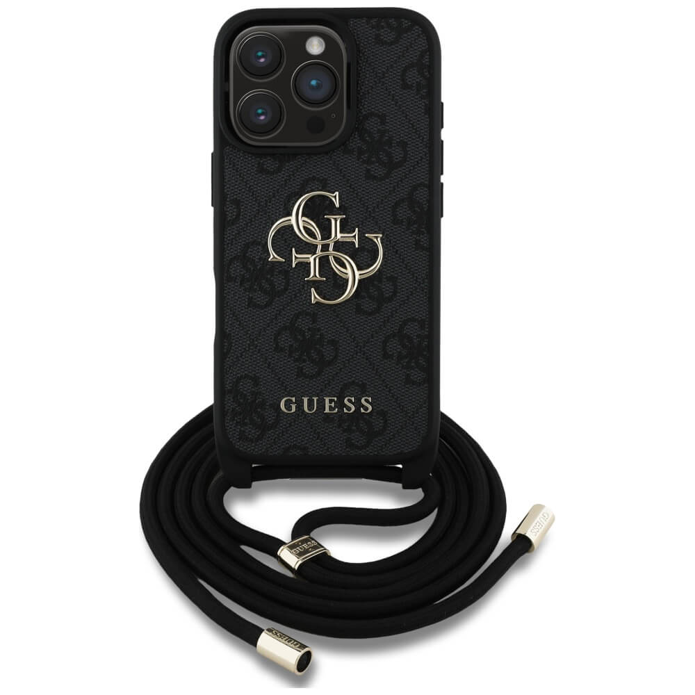 Guess iPhone 16 Pro - 4G Big Logo Cord Stap Crossbody - Θήκη με Επένδυση Συνθετικού Δέρματος και Λουράκι - Black - GUHCP16LP4GMGCRK