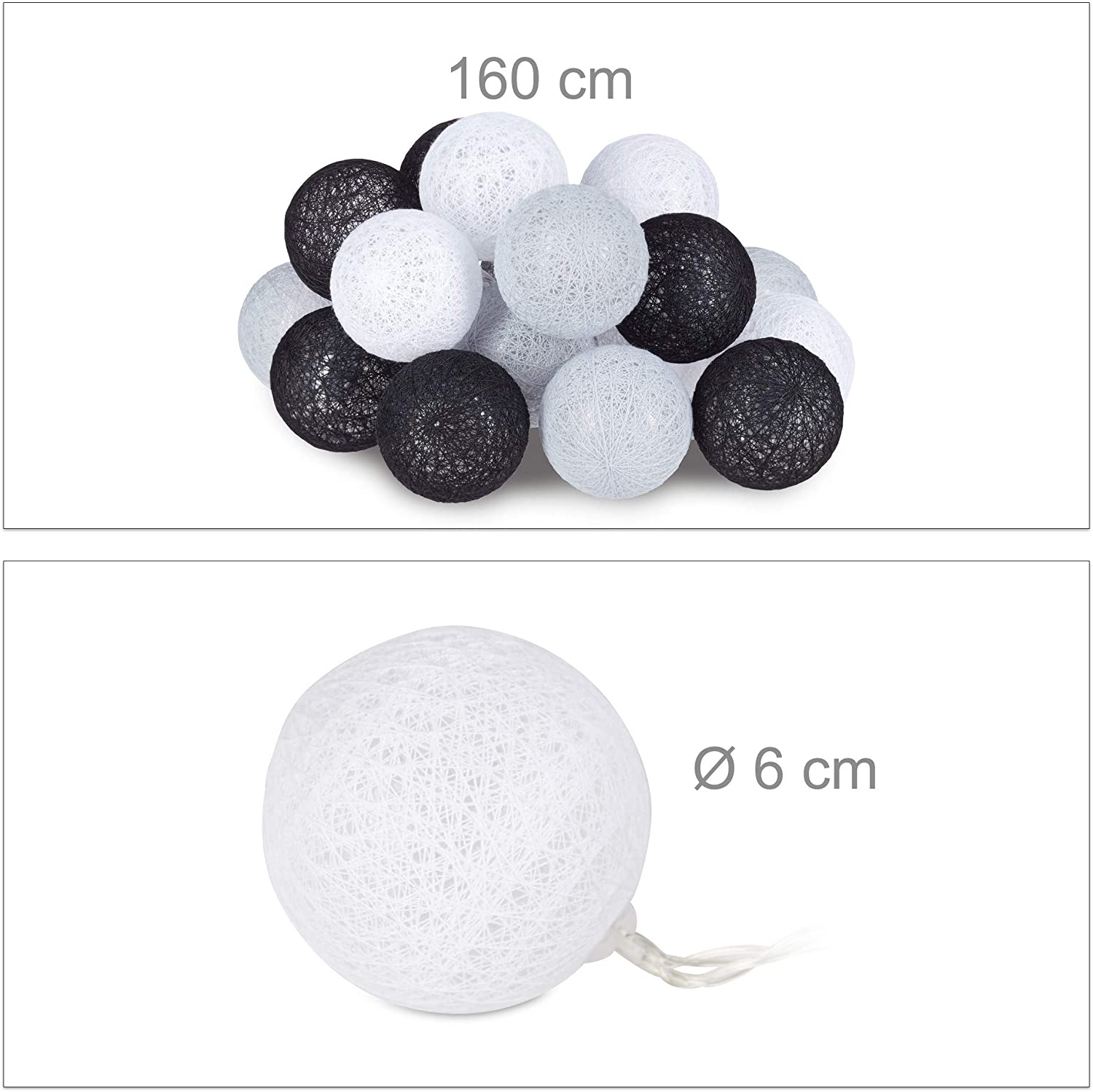 Relaxdays Σετ με 20 Φωτάκια - Μπάλες με Φωτισμό LED - White / Gray / Black - 4052025942878