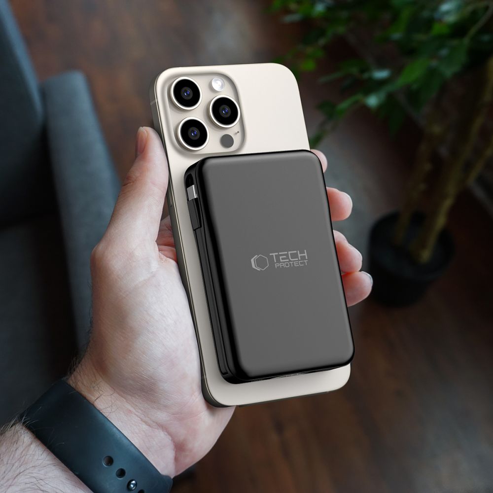 Tech - Protect PB31 Lifemag Ασύρματο MagSafe PowerBank Κινητού 10000 mAh με Ενσωματωμένο Καλώδιο Type - C και Lightning - Black
