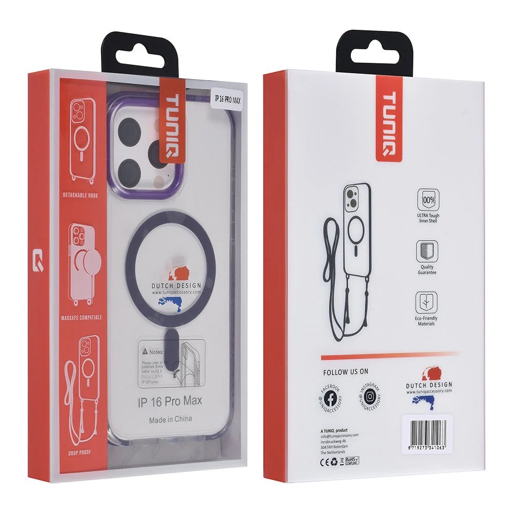 Tuniq iPhone 16 Pro Max - MagSafe Σκληρή Θήκη με Πλαίσιο Σιλικόνης και Λουράκι - Διάφανη / Purple