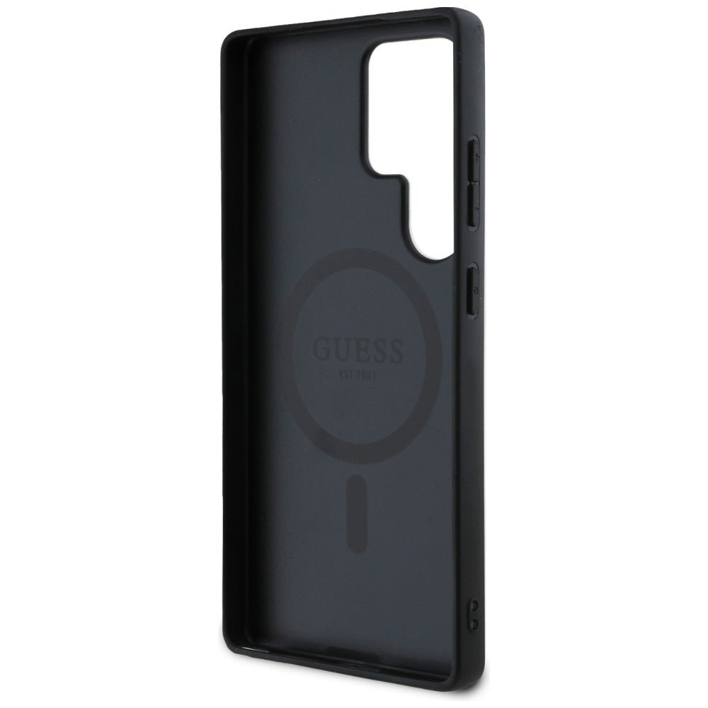 Guess Samsung Galaxy S25 Ultra - Grained Hot Stamp Peony Pattern Triangle Logo - MagSafe Σκληρή Θήκη με Πλαίσιο Σιλικόνης και Συνθετικό Δέρμα - Black - GUHMS25LPGBTMK