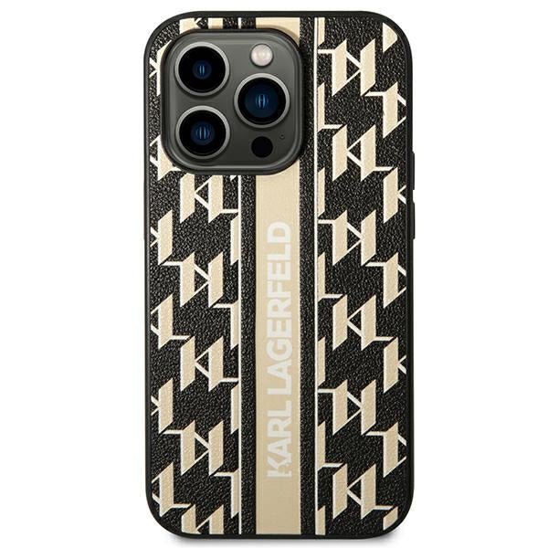Karl Lagerfeld iPhone 14 Pro - Monogram Stripe Σκληρή Θήκη με Επένδυση Συνθετικού Δέρματος και Πλαίσιο Σιλικόνης - Brown - KLHCP14LPGKLSKW