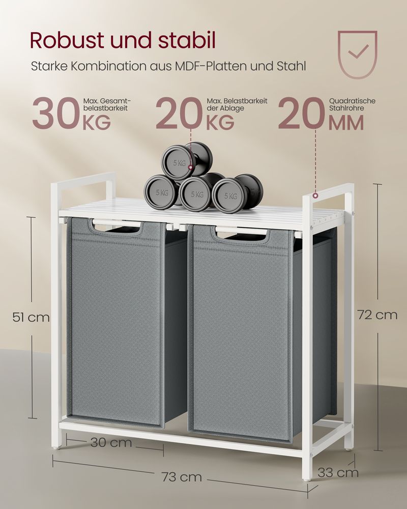 Vasagle Καλάθι Απλύτων με 2 Διαμερίσματα και Ράφι - 92L - White / Light Grey - BLH201W11