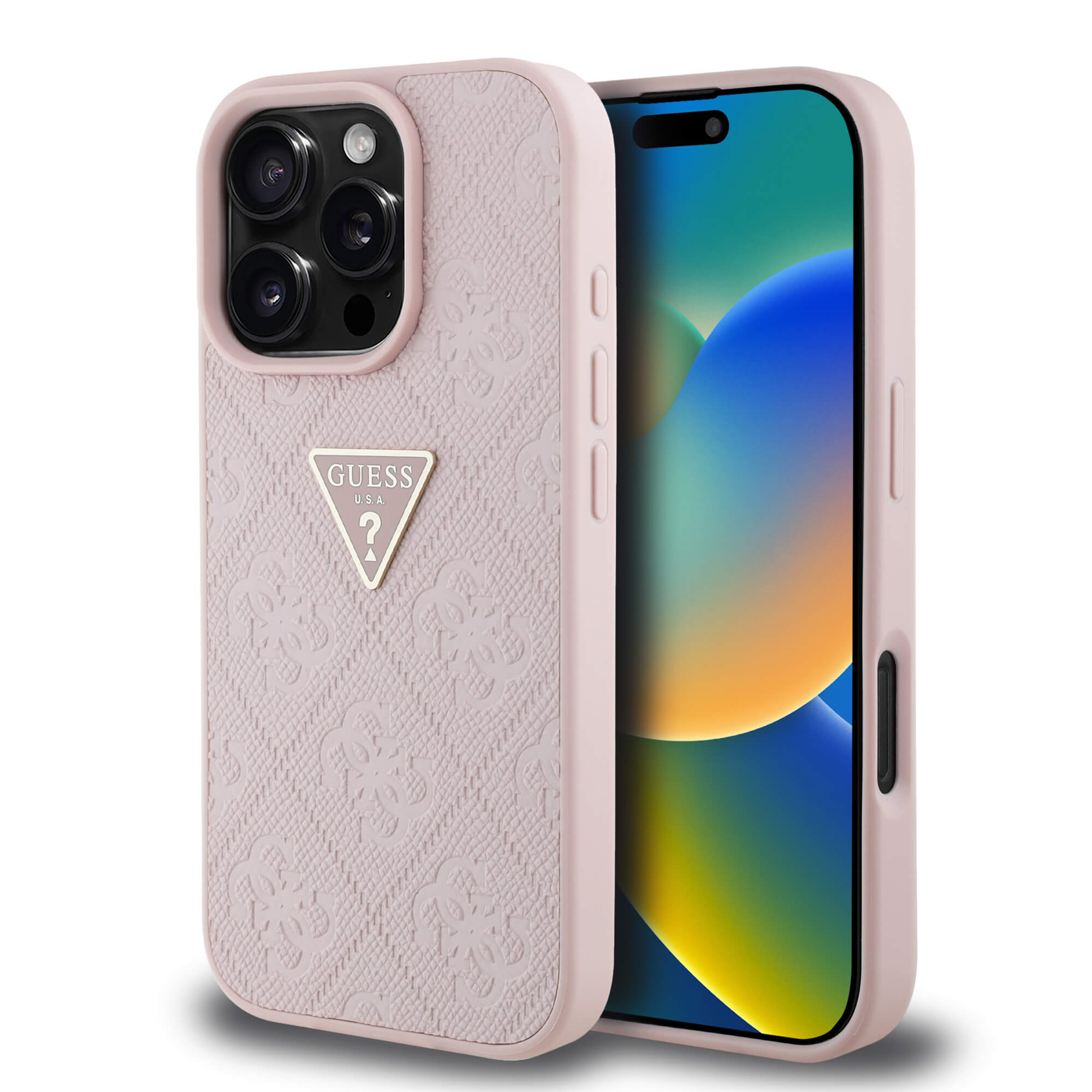 Guess iPhone 16 Pro Max - Hot Stamp 4G Pattern Triangle Metal Logo - Σκληρή Θήκη με Επένδυση Συνθετικού Δέρματος και Πλαίσιο Σιλικόνης - Pink - GUHCP16XPGP4STRP