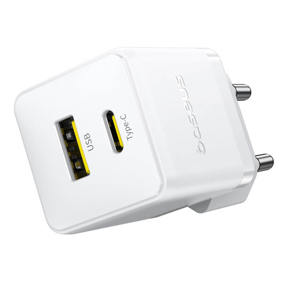 Baseus Palm Οικιακός Φορτιστής Γρήγορης Φόρτισης 20W με 1 Θύρα Type - C και 1 Θύρα USB και Καλώδιο Type - C to Type - C - Moon White