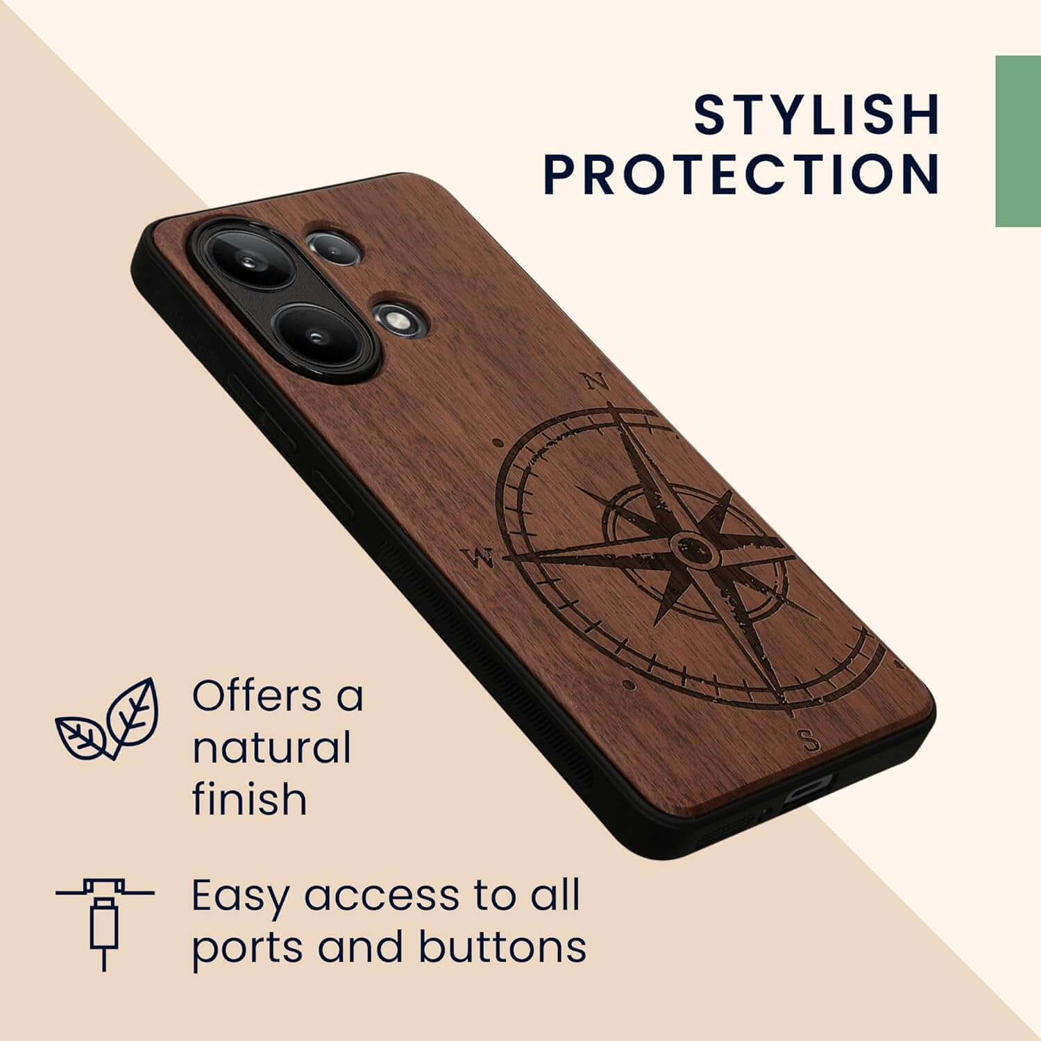 KW Xiaomi Redmi Note 13 4G Θήκη από Φυσικό Ξύλο - Design Compass Vintage - Dark Brown