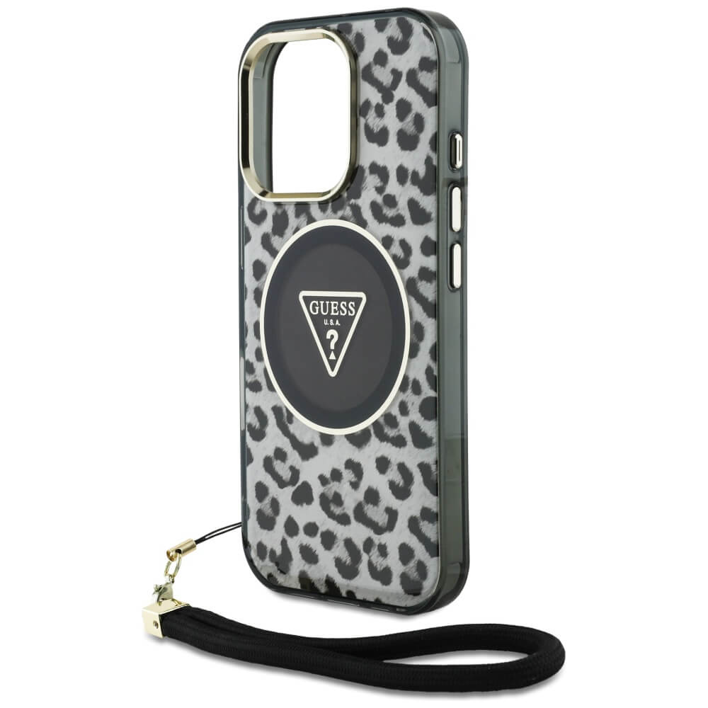 Guess iPhone 16 Pro - HC IML Leopard Triangle Cord Strap MagSafe - Σκληρή Θήκη με Πλαίσιο Σιλικόνης και Λουράκι - Black - GUHMP16LHLORSSK