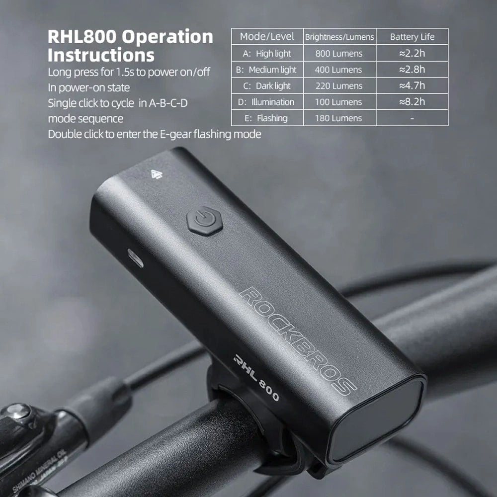 Rockbros 24710012001 Μπροστινό Φως Ποδηλάτου 800lm με Καλώδιο Φορτιστής Type - C to USB - Black