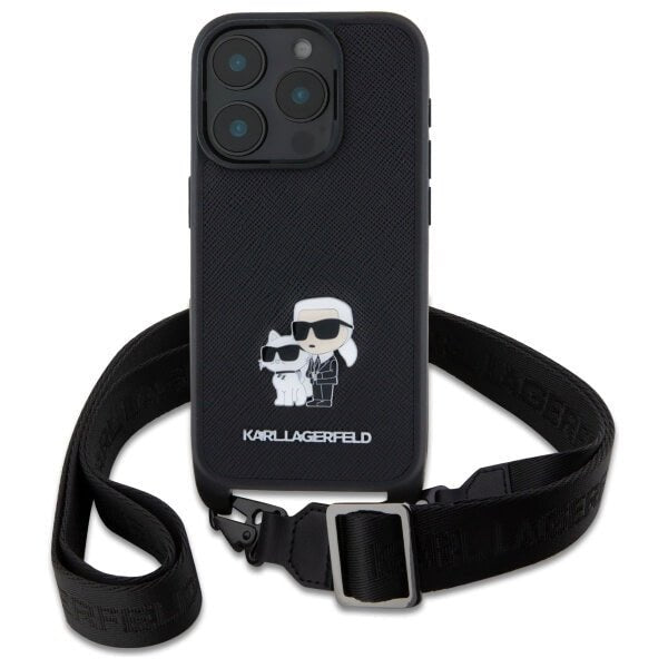 Karl Lagerfeld iPhone 16 Pro Max - Saffiano Karl and Choupette Metal Pin CBDY Strap - Σκληρή Θήκη με Επένδυση Συνθετικού Δέρματος με Πλαίσιο Σιλικόνης και Λουράκι - Black - KLHCP16XSAKCPBK