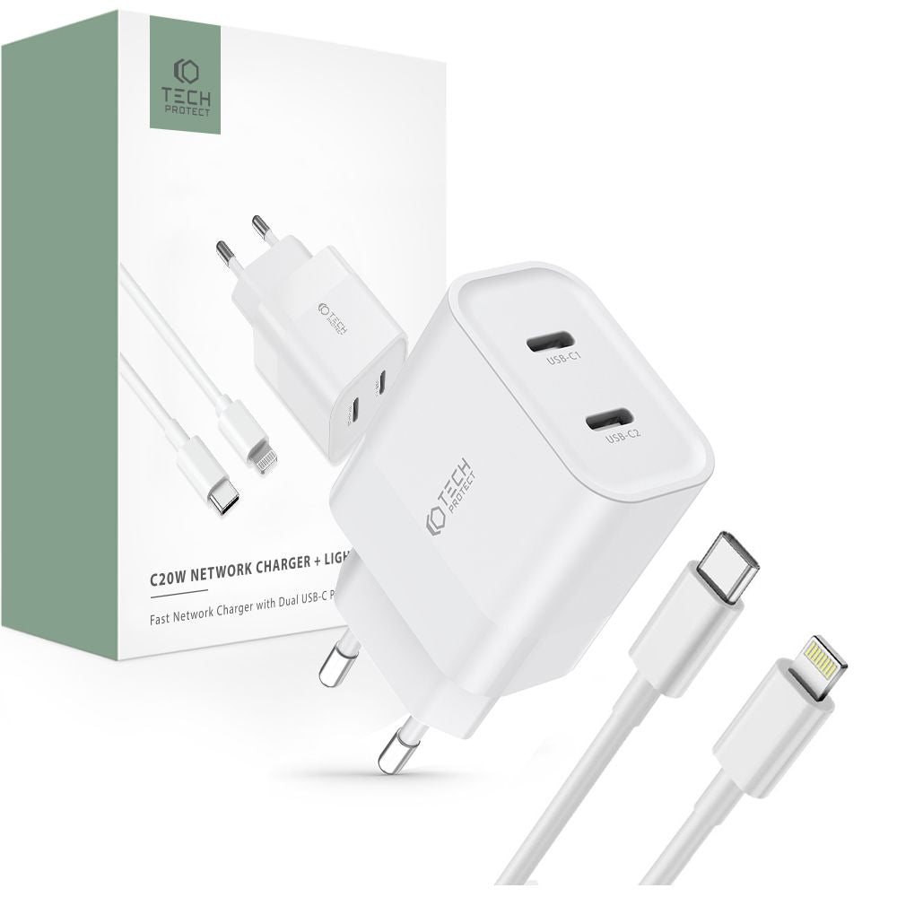 Tech - Protect C20W PD20W Οικιακός Φορτιστής Γρήγορης Φόρτισης με 2 Θύρες Type - C και Καλώδιο Type - C to Lightning - White