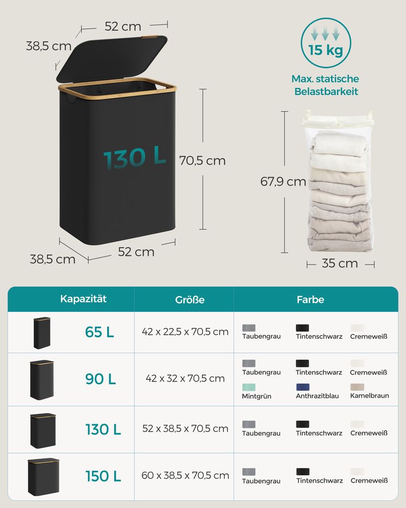 Songmics Καλάθι Απλύτων 2 Διαμερισμάτων με Καπάκι και 2 Αποσπώμενους Εσωτερικούς Σάκους - 130L - Ink Black - LCB513B01