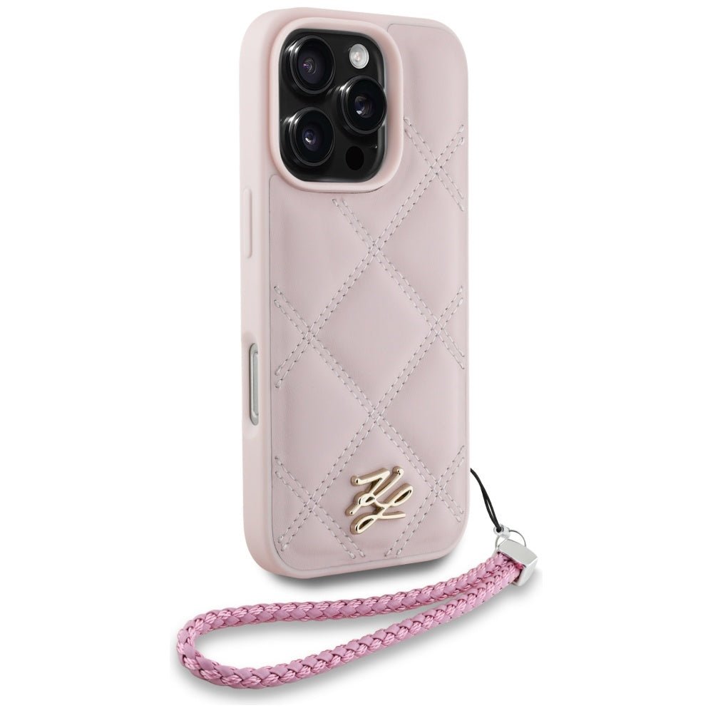 Karl Lagerfeld iPhone 16 Pro - Quilted Initial Logo and Chain Strap - Θήκη με Επένδυση Συνθετικού Δέρματος και Λουράκι - Pink - KLHCP16LPSQSKLSMSP