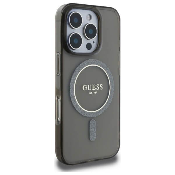 Guess iPhone 16 Pro Max - IML Glitter Circle - MagSafe Σκληρή Θήκη με Πλαίσιο Σιλικόνης - Black - GUHMP16XHFGEREK