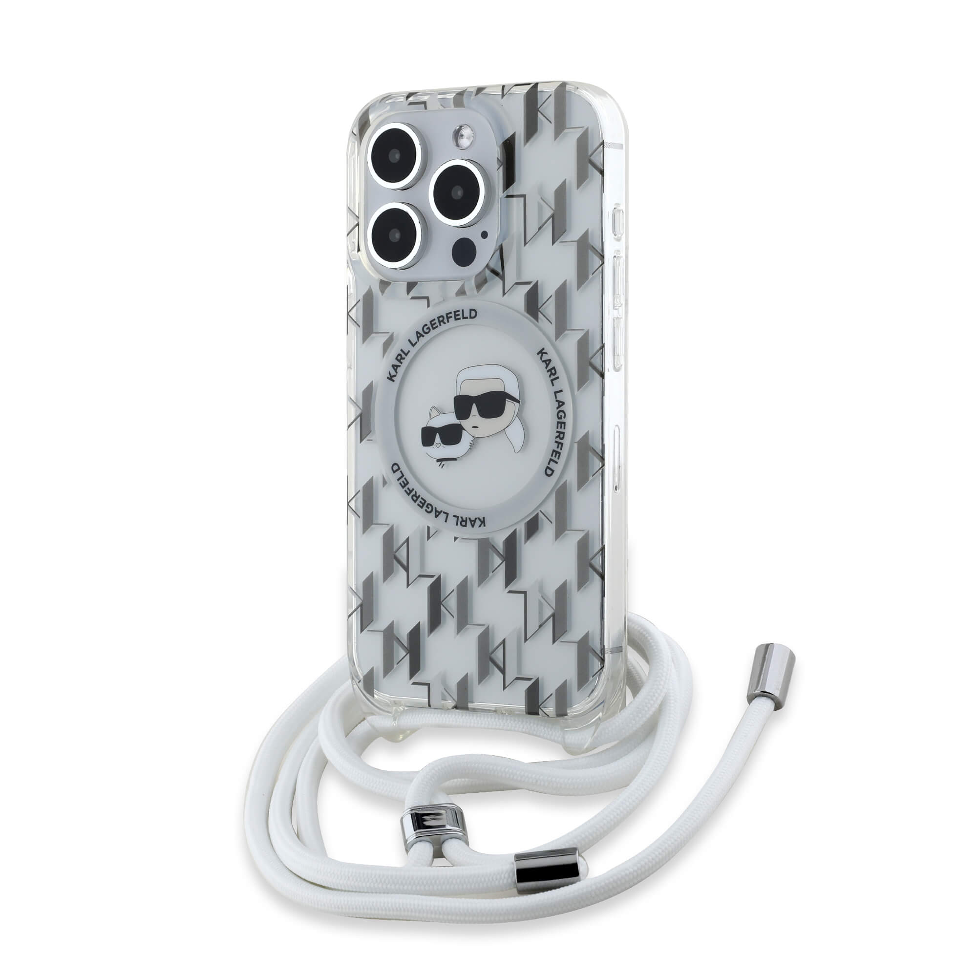 Karl Lagerfeld iPhone 15 Pro Max - IML Crossbody Monogram Karl and Choupette Head - MagSafe Σκληρή Θήκη με Πλαίσιο Σιλικόνης και Λουράκι - Διάφανη - KLHMP15XHCKCKLCT