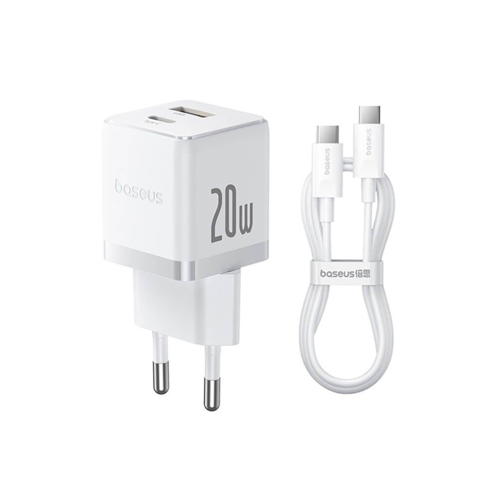 Baseus Palm Οικιακός Φορτιστής Γρήγορης Φόρτισης 20W με 1 Θύρα Type - C και 1 Θύρα USB και Καλώδιο Type - C to Type - C - Moon White