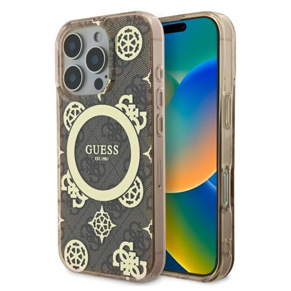 Guess iPhone 16 Pro - IML Peony On 4G Background MagSafe - Θήκη με Επένδυση Συνθετικού Δέρματος - Brown - GUHMP16LH4PYEEW