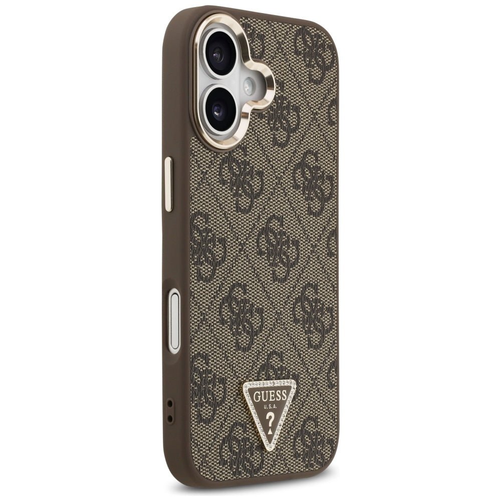 Guess iPhone 17 - 4G Triangle Strass Logo MagSafe - Σκληρή Θήκη με Επένδυση Συνθετικού Δέρματος - Brown / Gold - GUHMP17SP4GTDGMW