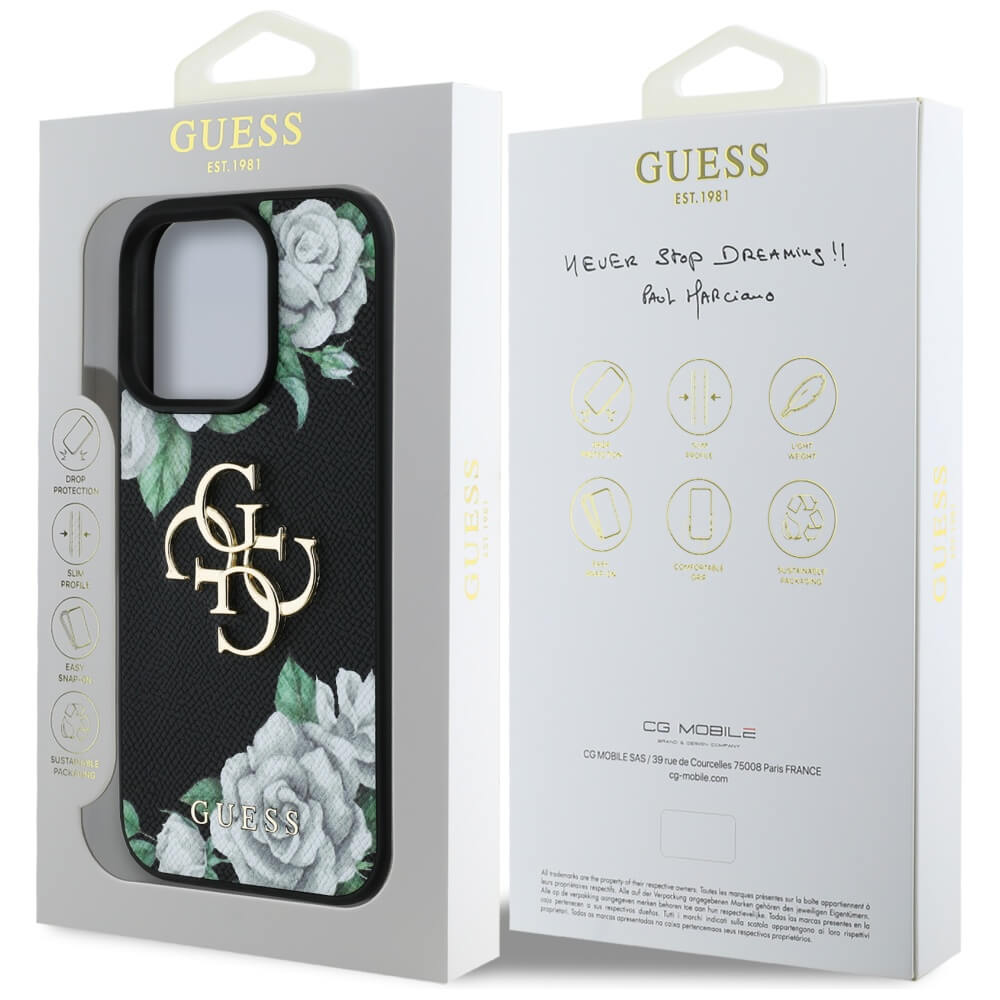 Guess iPhone 16 Pro - Grained Roses Big 4G Logo - Σκληρή Θήκη με Επένδυση από Οικολογικό Δέρμα - Black - GUHCP16LPGROP4MK