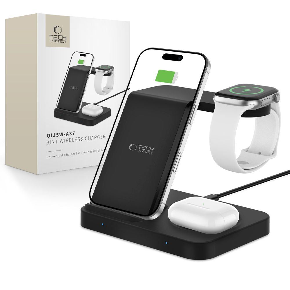 Tech - Protect QI15W - A37 3in1 Ασύρματος Φορτιστής Qi Charge για Android, Airpods / Galaxy Buds και Apple Watch - Black