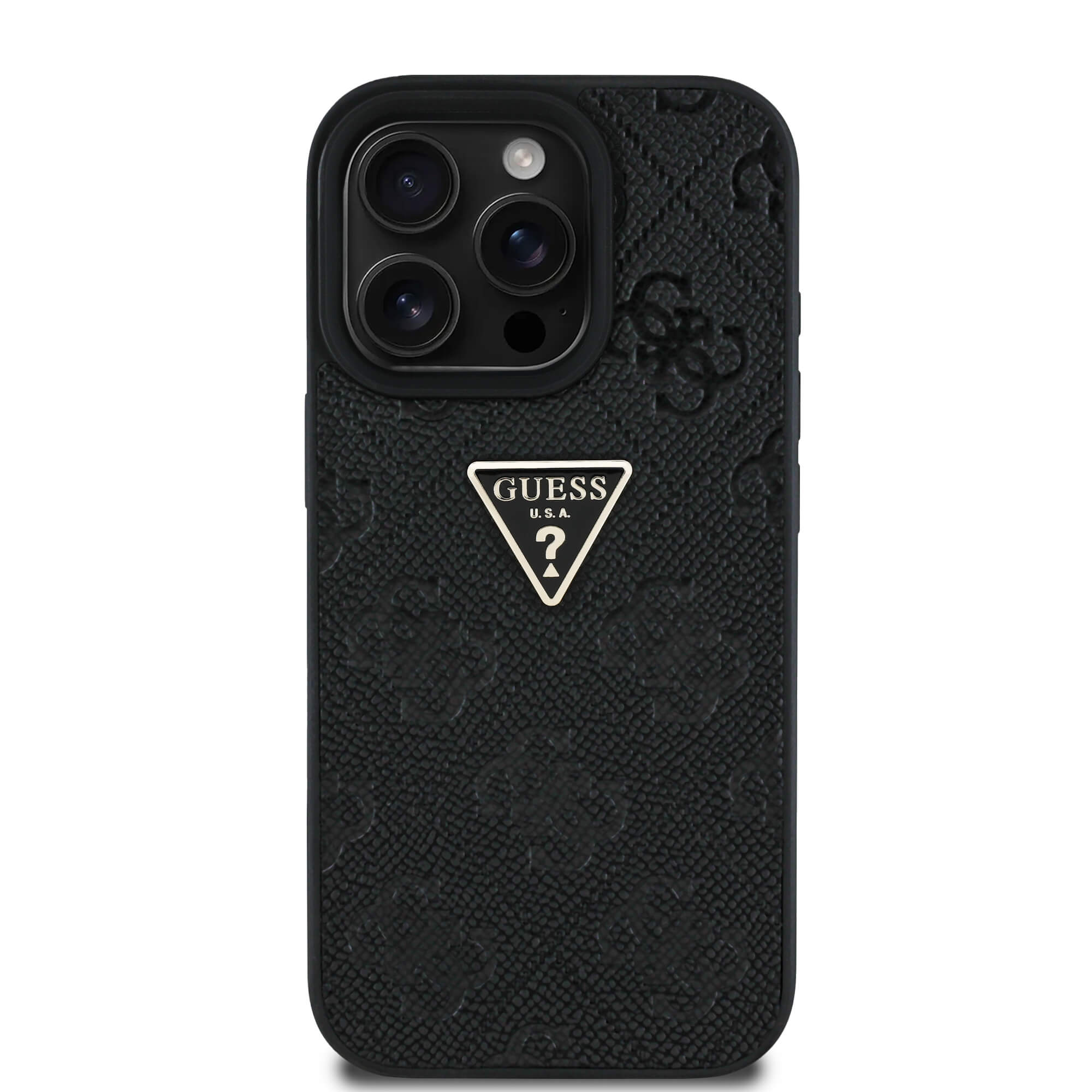 Guess iPhone 16 Pro Max - Hot Stamp 4G Pattern Triangle Metal Logo - Σκληρή Θήκη με Επένδυση Συνθετικού Δέρματος και Πλαίσιο Σιλικόνης - Black - GUHCP16XPGP4STRK