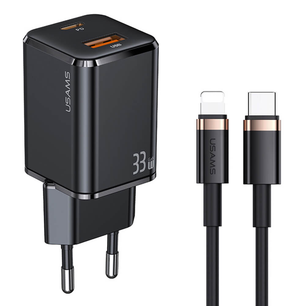 Usams Travel Charger Kit 33W Οικιακός Φορτιστής με 1 Θύρα Type - C και 1 Θύρα USB και καλώδιο Type - C to Lightning 20W - Black - USKTZ01